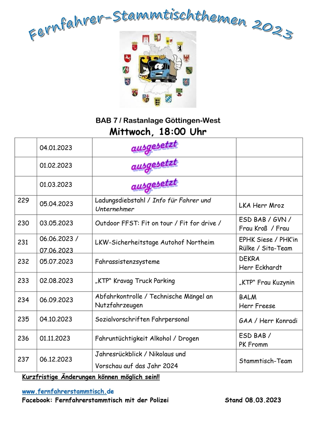 Fernfahrerstammtisch Themen für 2023